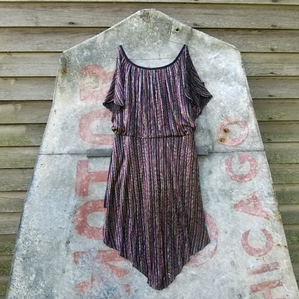 VTG 80s Metallic Disco Hankerchief Hem Mini Dress